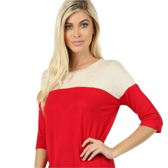 Zenana Outfitters Tops - 2FOR$30 - NWT Zenana Color Blocked Hi-Lo Raglan Top In Red & Cream, S